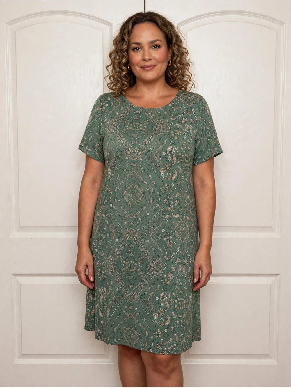 CJ Banks Green Paisley Short-Sleeve A-Line Dress 1X